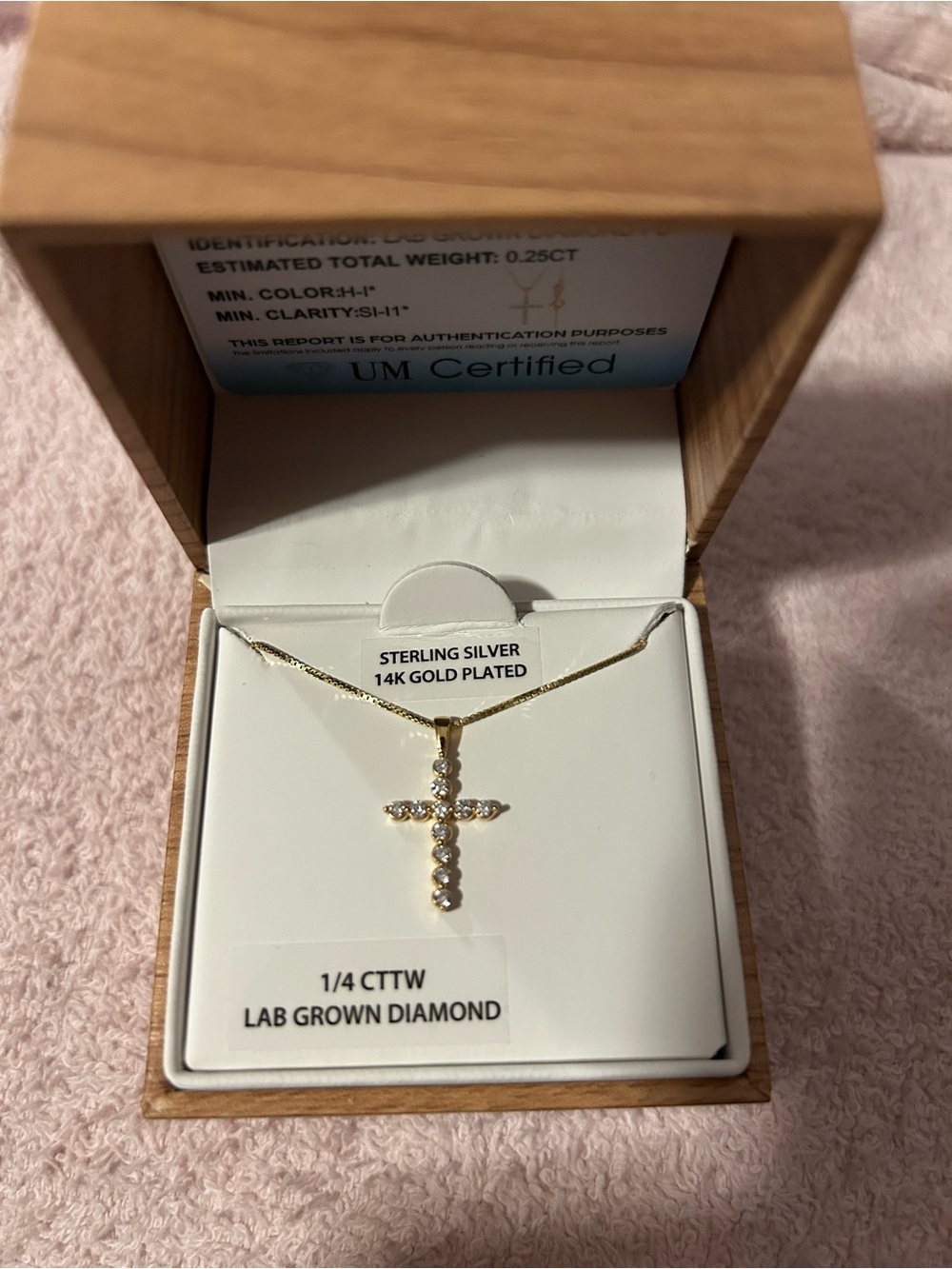 Sterling Silver 14K Gold Plated Cross Necklace with White Diamonds